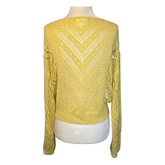 Line & Dot Crochet Sweater Yellow Lace Boat Neck Bell Long Sleeves Open Knit S - Picture 5 of 8